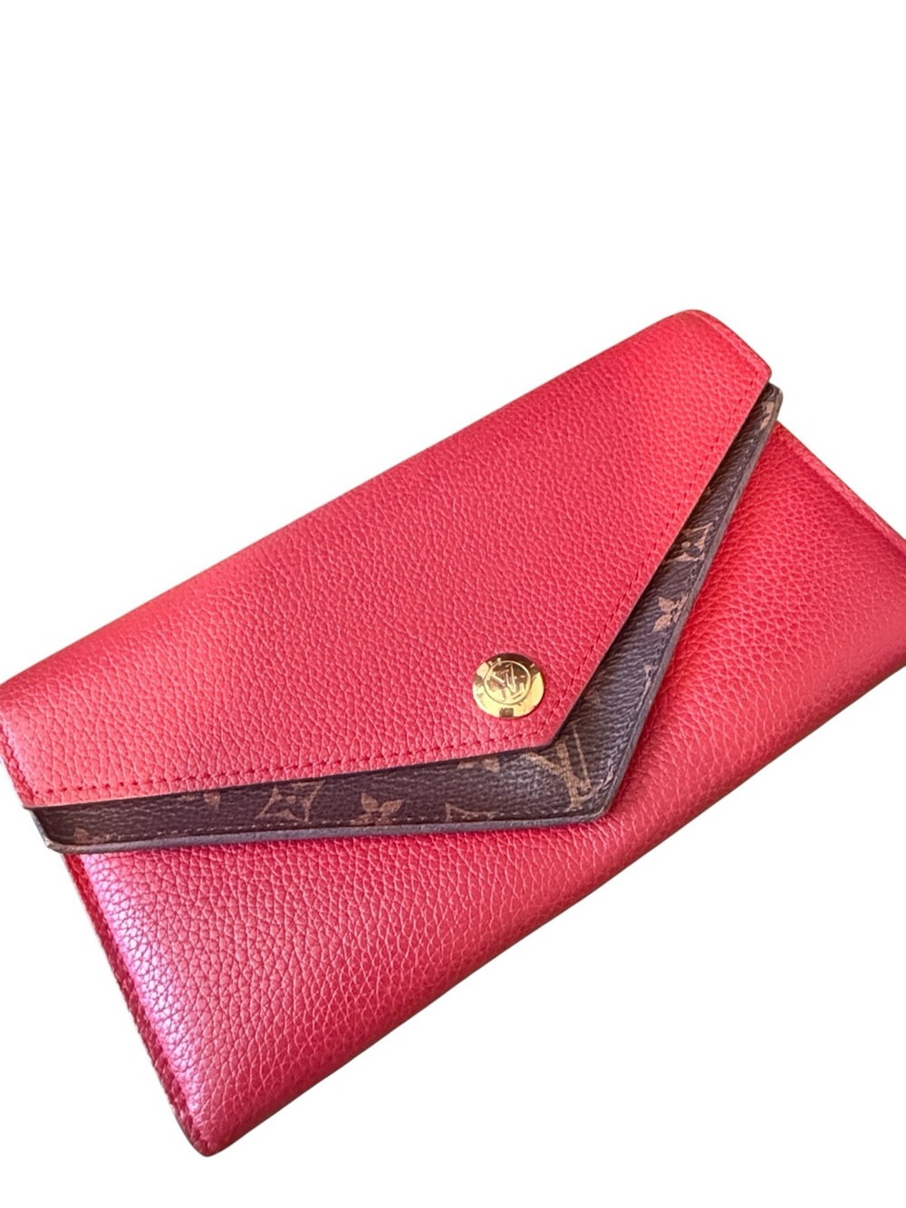 Red Leather Envelope Wallet with Monogram Trim